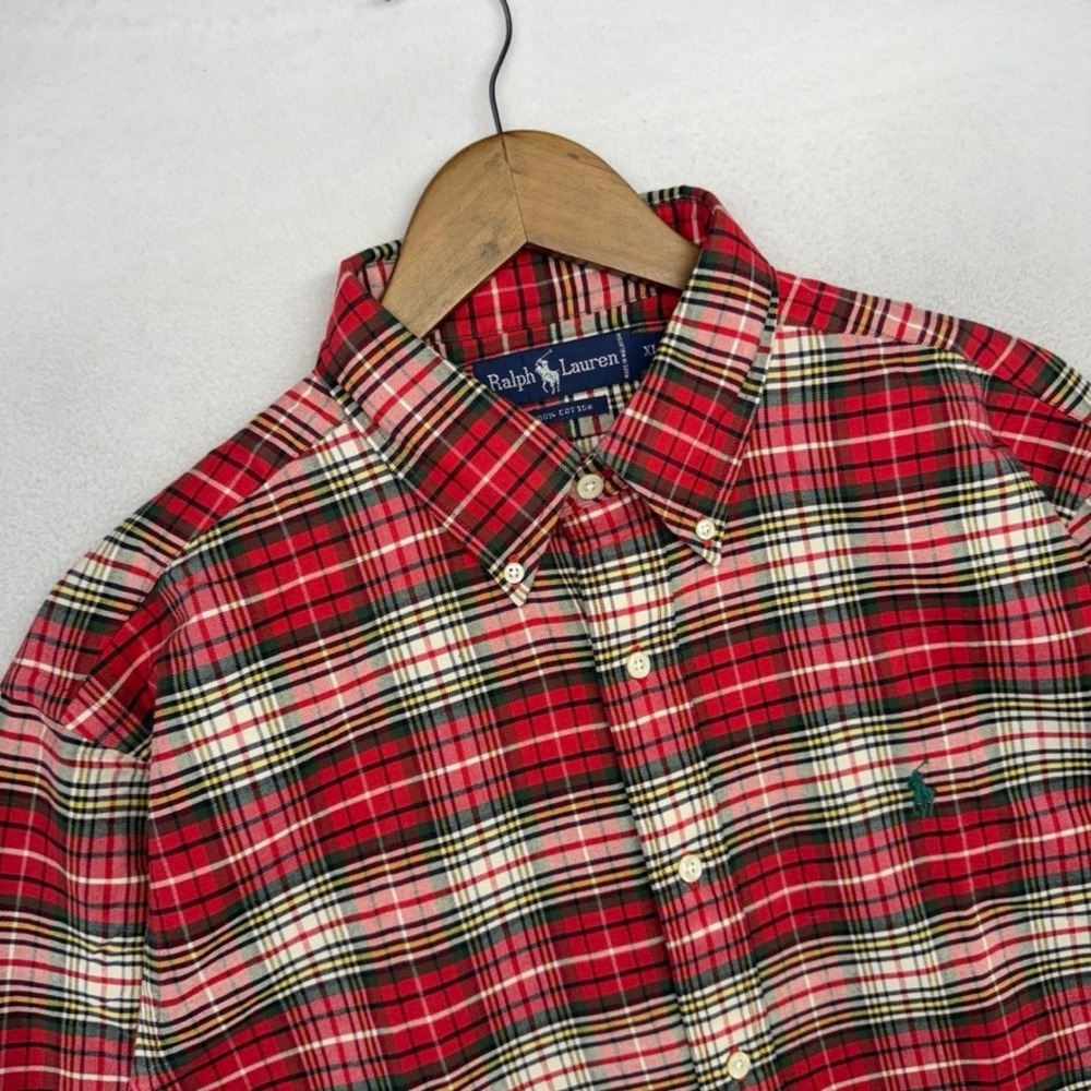 VintageRalph Lauren Button Down Shirt Mens XL Red Plaid Deadstock Oxford OCBD